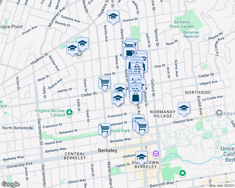 map of restaurants, bars, coffee shops, grocery stores, and more near 2004 Cedar Street in Berkeley