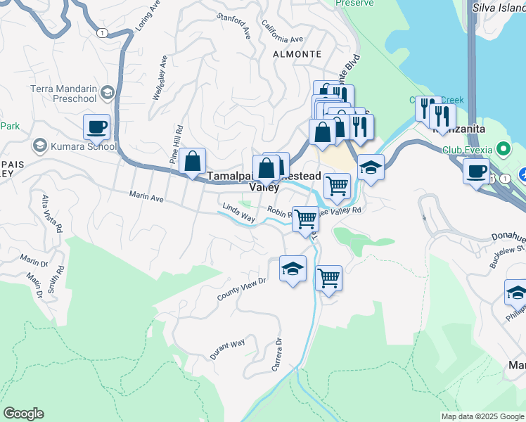map of restaurants, bars, coffee shops, grocery stores, and more near 354 Starling Road in Mill Valley
