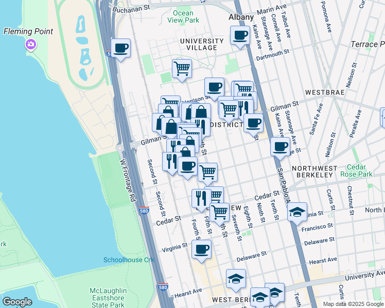map of restaurants, bars, coffee shops, grocery stores, and more near 748 Gilman Street in Berkeley