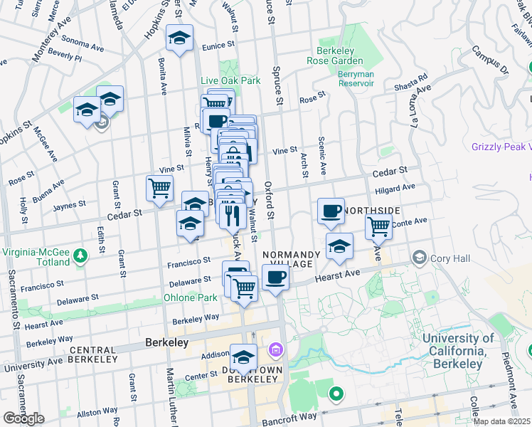map of restaurants, bars, coffee shops, grocery stores, and more near 1639 Oxford Street in Berkeley