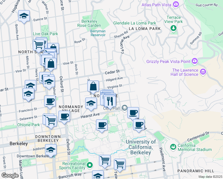 map of restaurants, bars, coffee shops, grocery stores, and more near 2597 Virginia Street in Berkeley