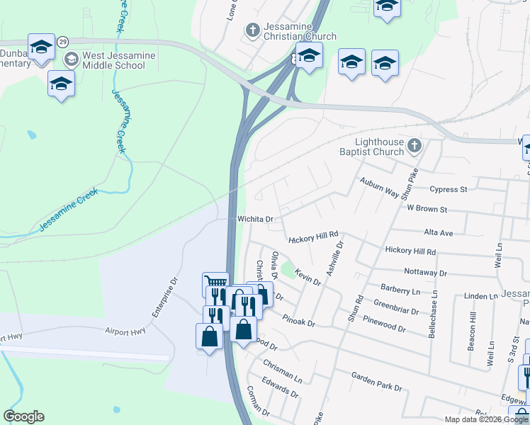 map of restaurants, bars, coffee shops, grocery stores, and more near 30 Wichita Drive in Nicholasville