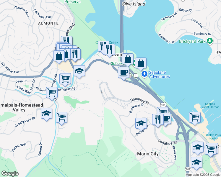 map of restaurants, bars, coffee shops, grocery stores, and more near 218 Bay Vista Circle in Sausalito