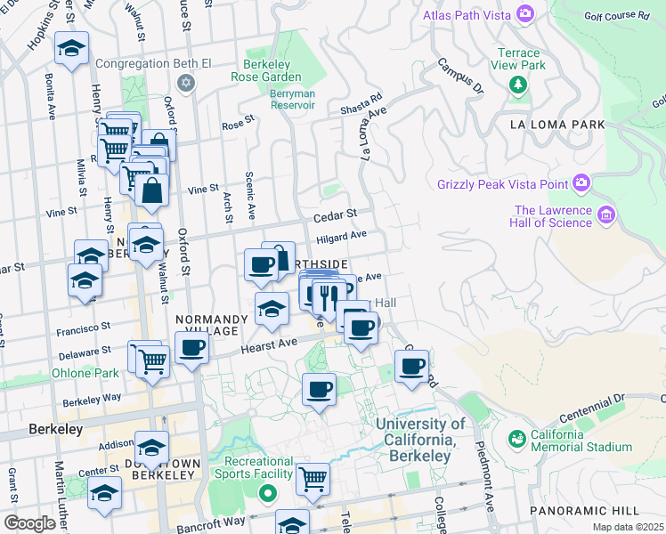 map of restaurants, bars, coffee shops, grocery stores, and more near 2597 Virginia Street in Berkeley