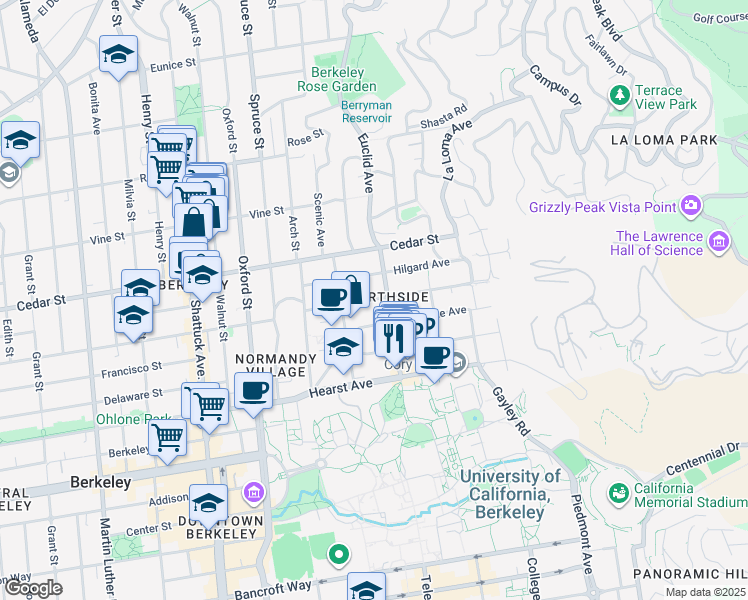 map of restaurants, bars, coffee shops, grocery stores, and more near 2435 Virginia Street in Berkeley
