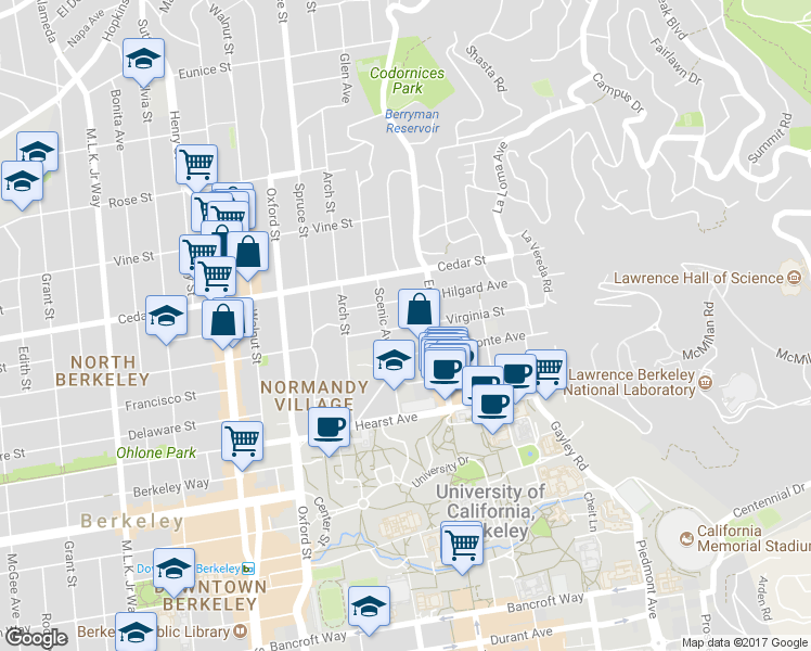 map of restaurants, bars, coffee shops, grocery stores, and more near 2435 Virginia Street in Berkeley