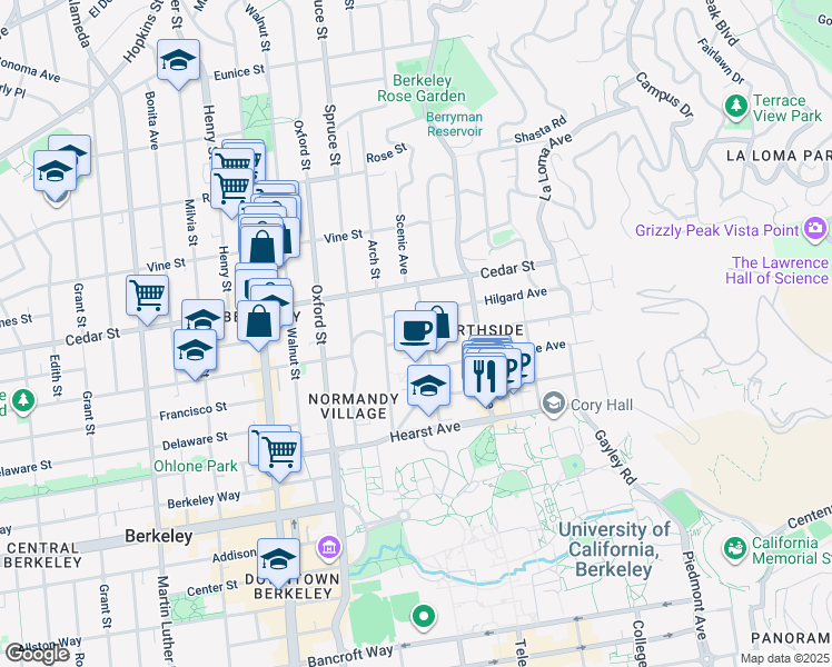 map of restaurants, bars, coffee shops, grocery stores, and more near 2346 Hilgard Avenue in Berkeley