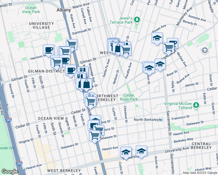 map of restaurants, bars, coffee shops, grocery stores, and more near 1434 Neilson Street in Berkeley