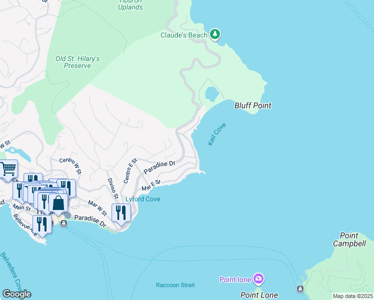 map of restaurants, bars, coffee shops, grocery stores, and more near 2450 Paradise Drive in Marin County