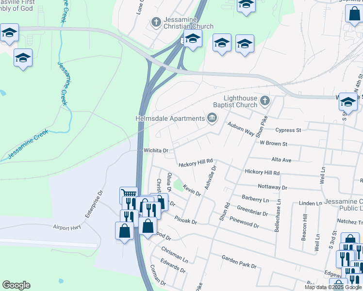map of restaurants, bars, coffee shops, grocery stores, and more near 100-104 Wichita Drive in Nicholasville