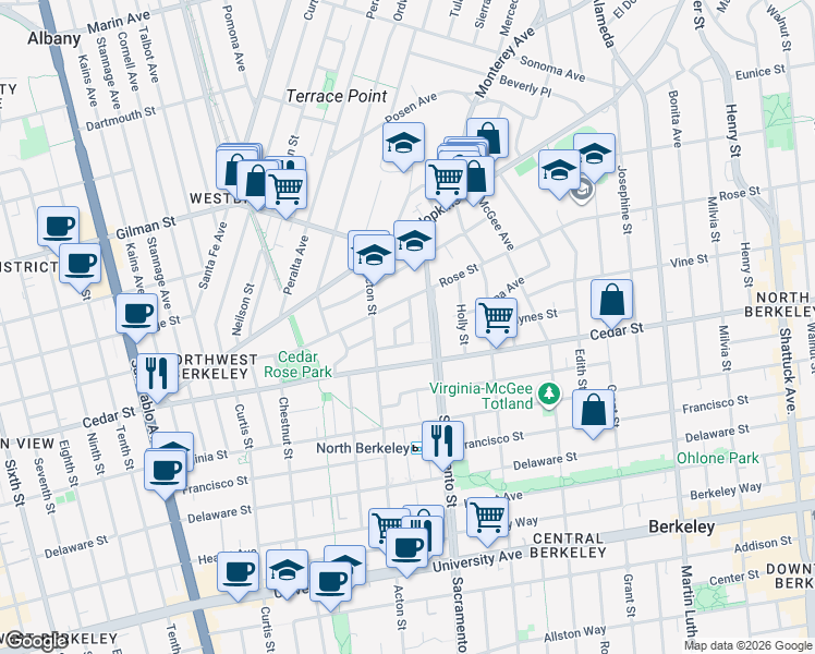 map of restaurants, bars, coffee shops, grocery stores, and more near 1528 Keoncrest Drive in Berkeley