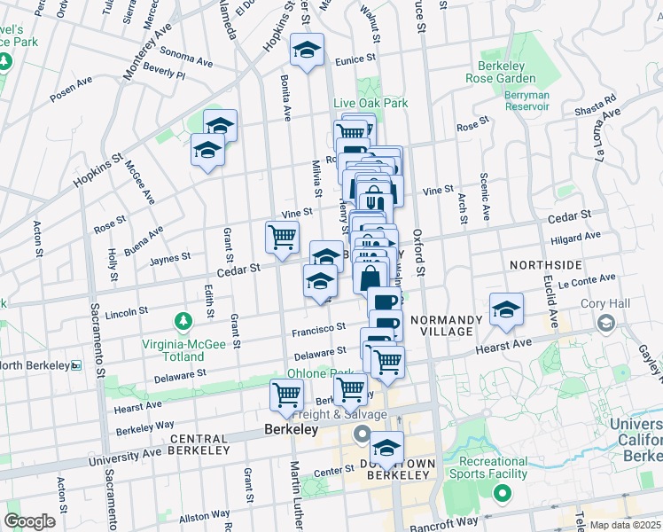 map of restaurants, bars, coffee shops, grocery stores, and more near 1607 Milvia Street in Berkeley