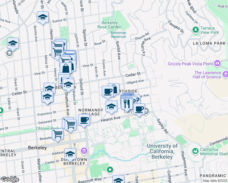 map of restaurants, bars, coffee shops, grocery stores, and more near 2435 Virginia Street in Berkeley