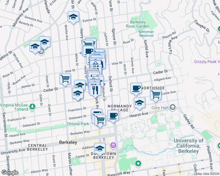 map of restaurants, bars, coffee shops, grocery stores, and more near 1650 Oxford Street in Berkeley