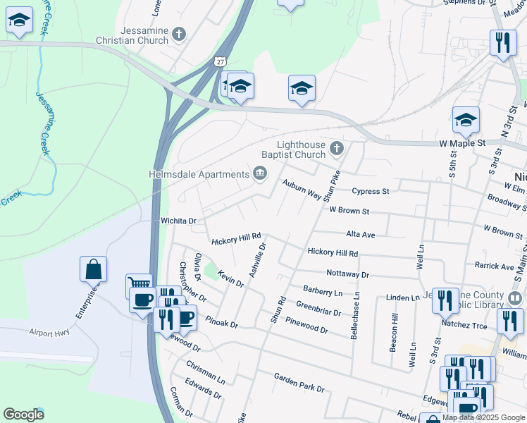 map of restaurants, bars, coffee shops, grocery stores, and more near 109 Charlotte Circle in Nicholasville