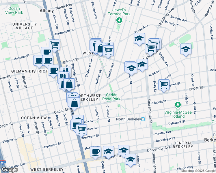 map of restaurants, bars, coffee shops, grocery stores, and more near 1290 Hopkins Street in Berkeley