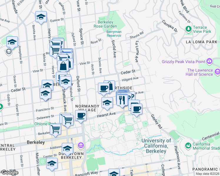 map of restaurants, bars, coffee shops, grocery stores, and more near 2435 Virginia Street in Berkeley