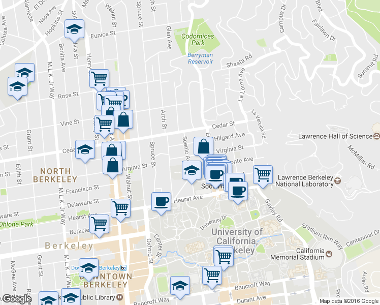 map of restaurants, bars, coffee shops, grocery stores, and more near 2435 Virginia Street in Berkeley