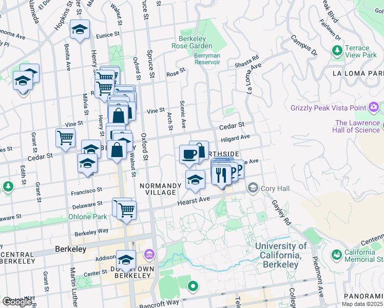 map of restaurants, bars, coffee shops, grocery stores, and more near 2346 Hilgard Avenue in Berkeley