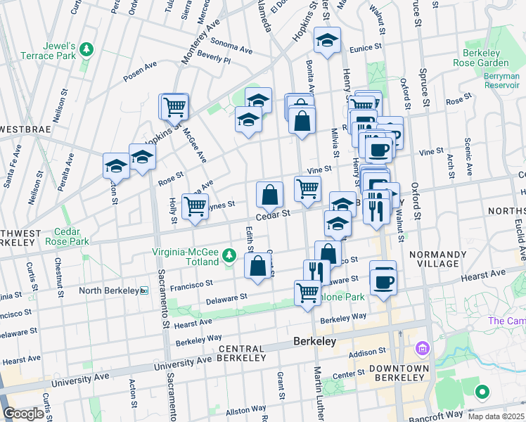 map of restaurants, bars, coffee shops, grocery stores, and more near 1535 Grant Street in Berkeley