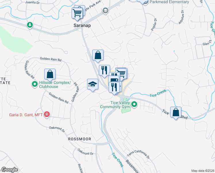 map of restaurants, bars, coffee shops, grocery stores, and more near 1901 Tice Valley Boulevard in Walnut Creek