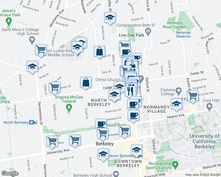 map of restaurants, bars, coffee shops, grocery stores, and more near 1930 Cedar Street in Berkeley