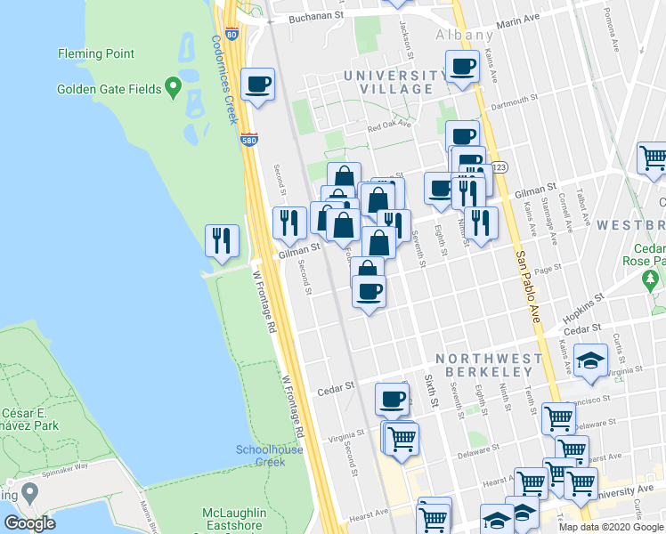 map of restaurants, bars, coffee shops, grocery stores, and more near 746 Gilman Street in Berkeley