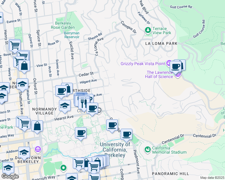 map of restaurants, bars, coffee shops, grocery stores, and more near 1700 La Vereda Road in Berkeley
