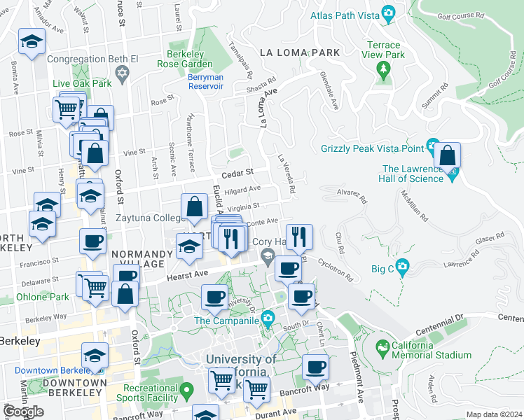 map of restaurants, bars, coffee shops, grocery stores, and more near in Berkeley