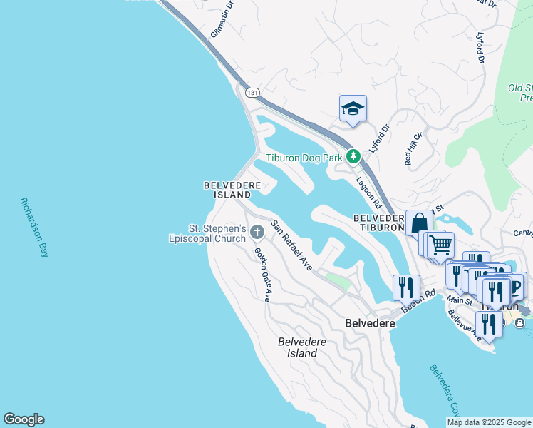map of restaurants, bars, coffee shops, grocery stores, and more near 214 San Rafael Avenue in Belvedere