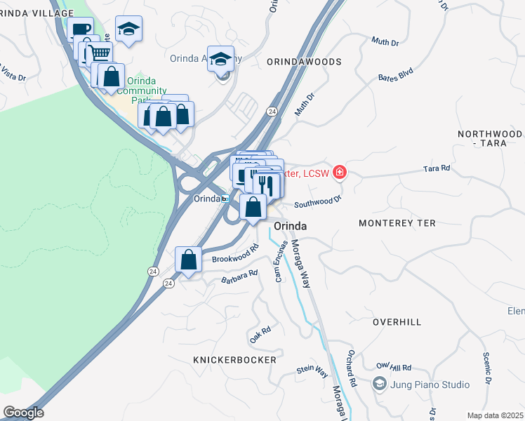 map of restaurants, bars, coffee shops, grocery stores, and more near 0 Crescent Drive in Orinda