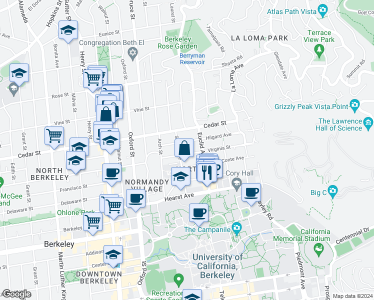 map of restaurants, bars, coffee shops, grocery stores, and more near 2435 Virginia Street in Berkeley