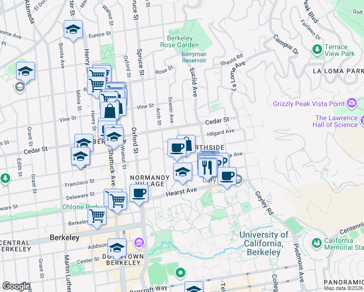 map of restaurants, bars, coffee shops, grocery stores, and more near 2435 Virginia Street in Berkeley