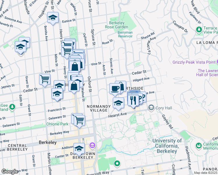 map of restaurants, bars, coffee shops, grocery stores, and more near 2346 Hilgard Avenue in Berkeley