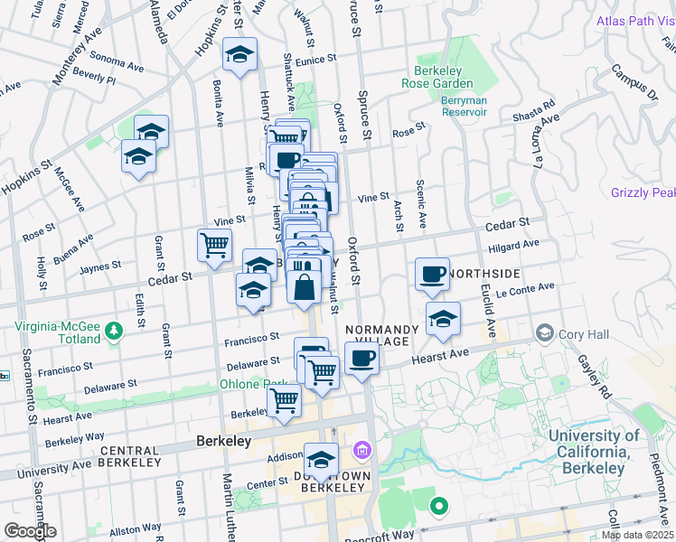 map of restaurants, bars, coffee shops, grocery stores, and more near 1611 Walnut Street in Berkeley