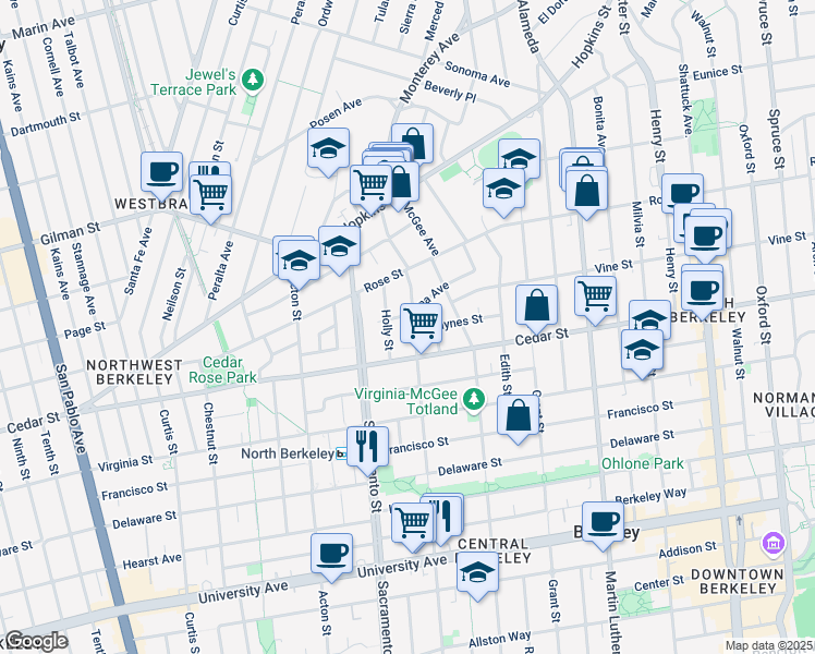 map of restaurants, bars, coffee shops, grocery stores, and more near 1530 Buena Avenue in Berkeley