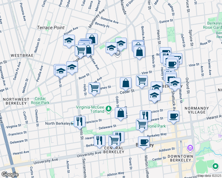map of restaurants, bars, coffee shops, grocery stores, and more near 1716 Jaynes Street in Berkeley