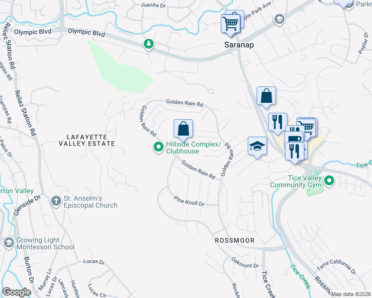 map of restaurants, bars, coffee shops, grocery stores, and more near 3449 Golden Rain Road in Walnut Creek