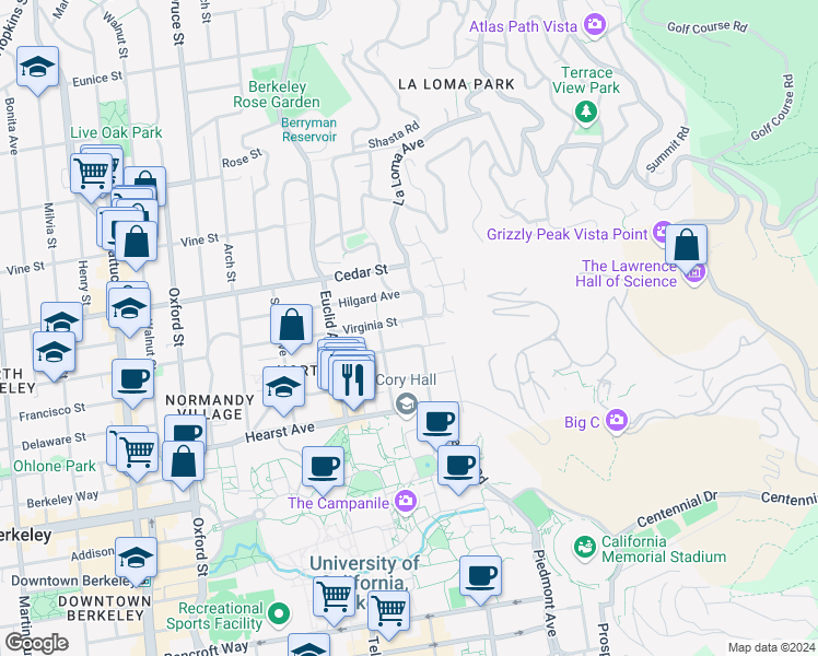 map of restaurants, bars, coffee shops, grocery stores, and more near 2666 Virginia Street in Berkeley