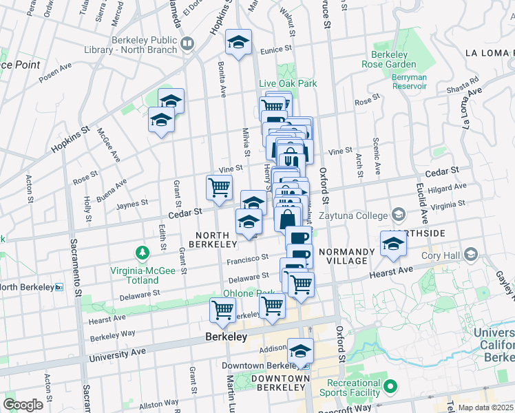 map of restaurants, bars, coffee shops, grocery stores, and more near 1605 Milvia Street in Berkeley