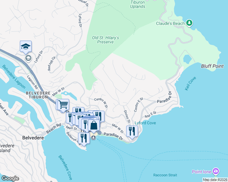map of restaurants, bars, coffee shops, grocery stores, and more near 409 Ridge Road in Belvedere Tiburon
