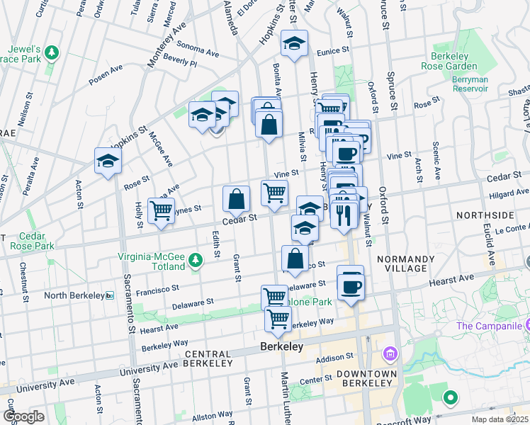 map of restaurants, bars, coffee shops, grocery stores, and more near in Berkeley