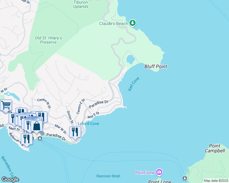 map of restaurants, bars, coffee shops, grocery stores, and more near 2450 Paradise Drive in Marin County