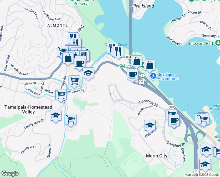 map of restaurants, bars, coffee shops, grocery stores, and more near 503 Headlands Court in Sausalito
