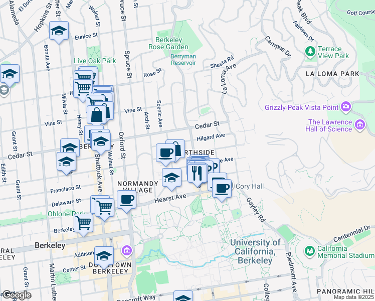 map of restaurants, bars, coffee shops, grocery stores, and more near 2435 Virginia Street in Berkeley