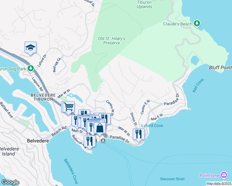 map of restaurants, bars, coffee shops, grocery stores, and more near 349 Ridge Road in Belvedere Tiburon