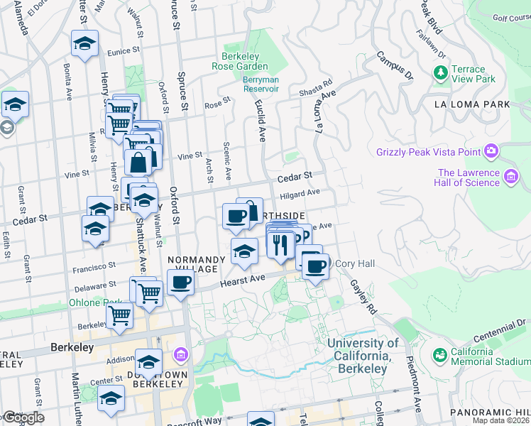 map of restaurants, bars, coffee shops, grocery stores, and more near 2477 Virginia Street in Berkeley