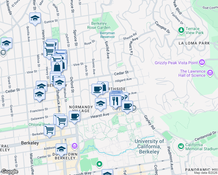 map of restaurants, bars, coffee shops, grocery stores, and more near 2477 Virginia Street in Berkeley
