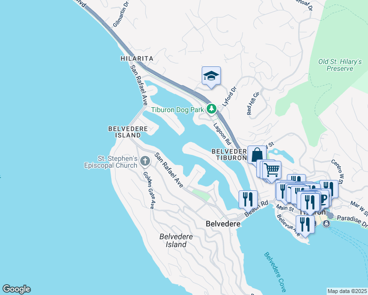 map of restaurants, bars, coffee shops, grocery stores, and more near 70 Peninsula Road in Belvedere