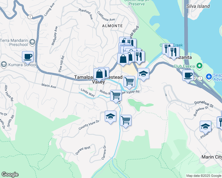 map of restaurants, bars, coffee shops, grocery stores, and more near 313 Starling Ct in Mill Valley